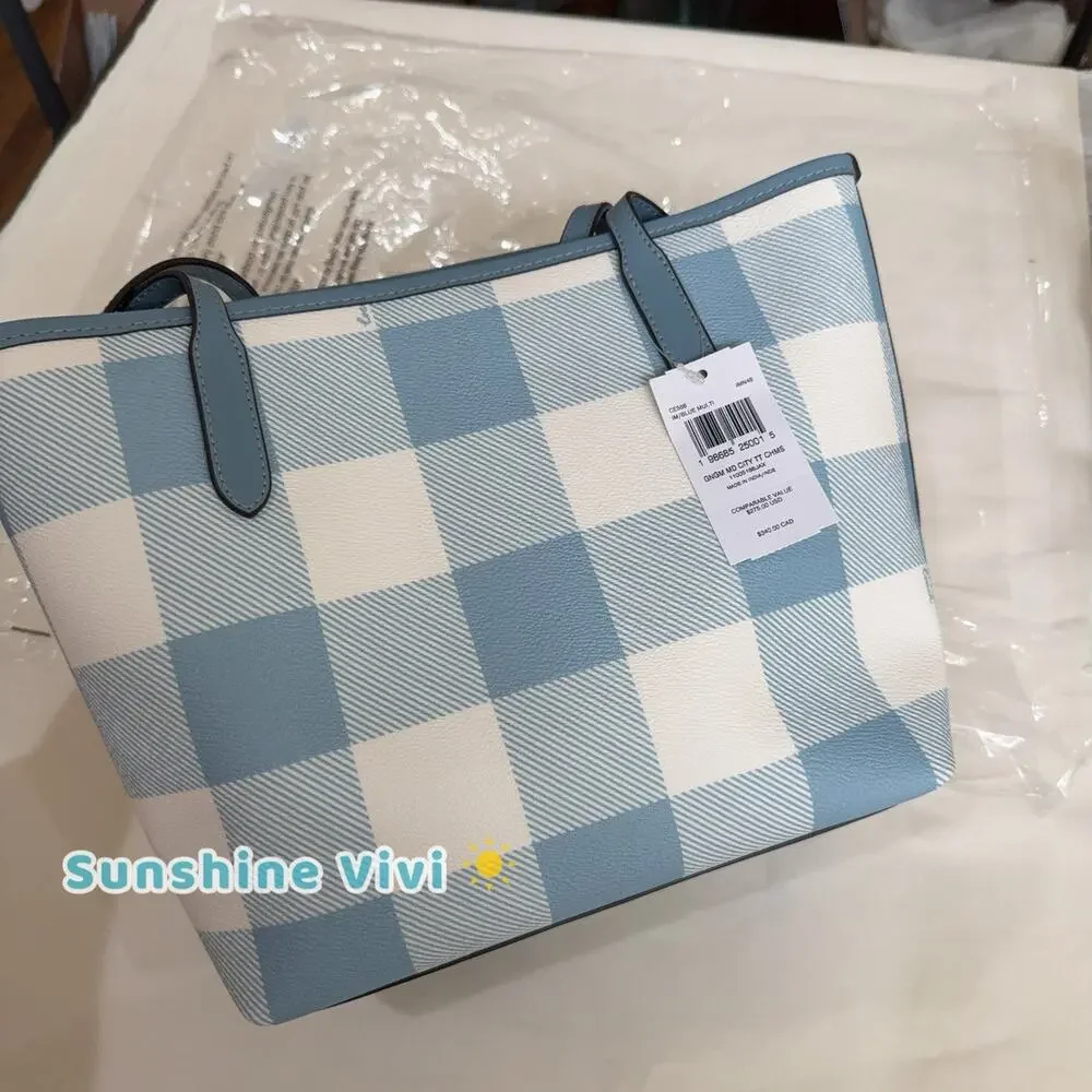 NWT Coach Medium City Tote Bag With Gingham Print And Charm CES66 Blue multi